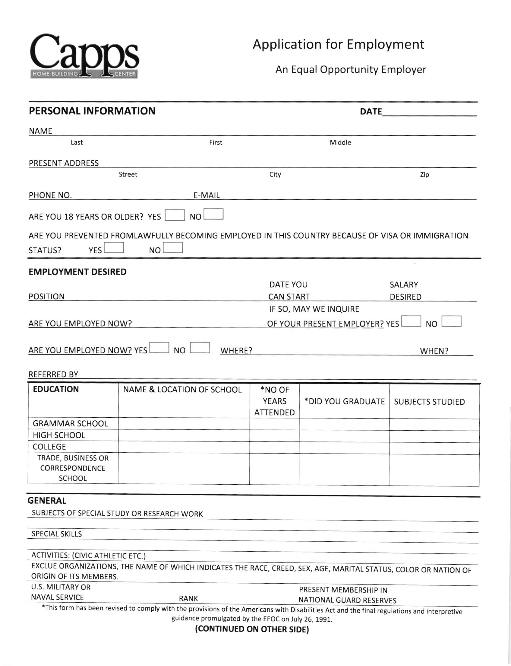 Employment Application Capps Home Building Center 2993